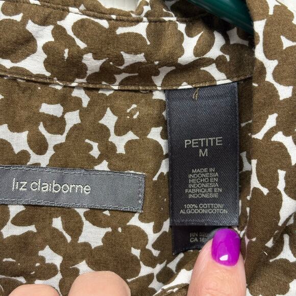 Liz Claiborne Blouse, Brown White Light Cotton Floral Button Up, Women's Size MP - Picture 3 of 7